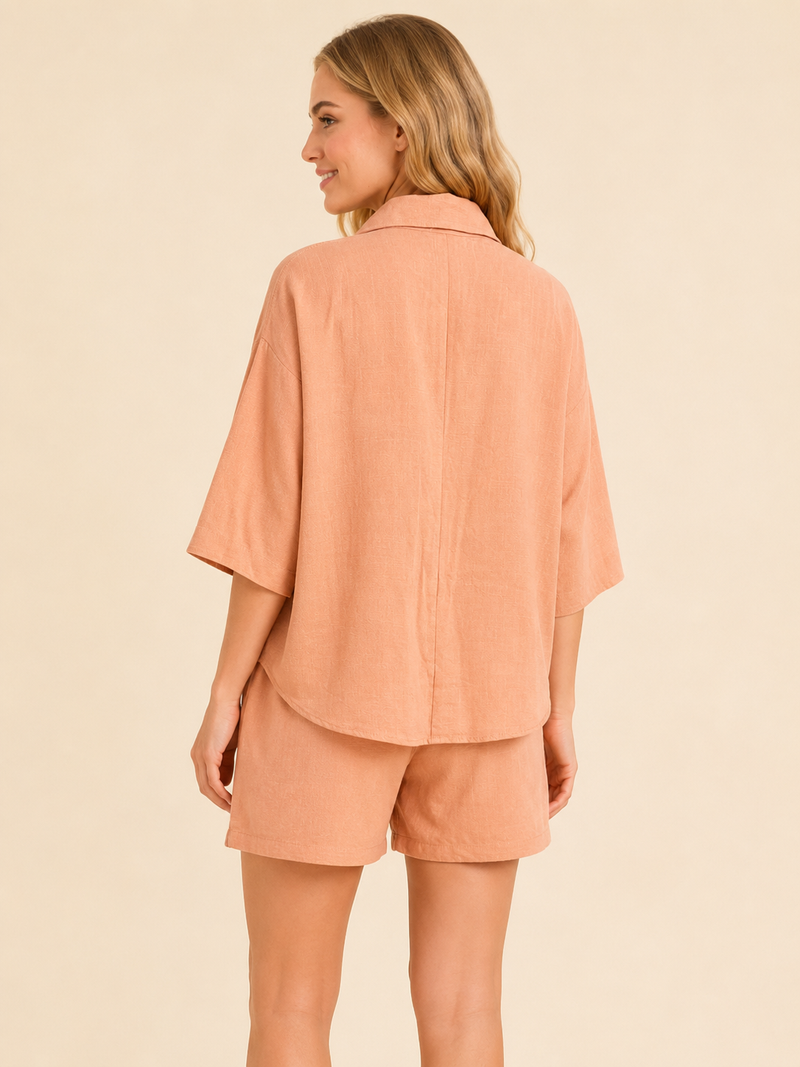 Peach Textured Linen Look Oversized Shirt Co-Ord