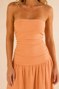 Peach Strapless Ruched Waist Maxi Dress