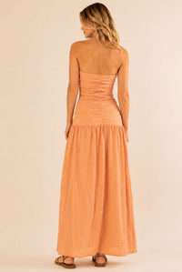 Peach Strapless Ruched Waist Maxi Dress