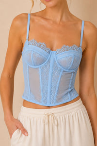 Powder Blue Lace Corset Top With Sheer Mesh Panels