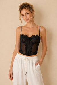Black Lace Corset Top With Sheer Mesh Panels