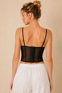 Black Lace Corset Top With Sheer Mesh Panels