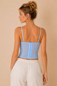 Powder Blue Lace Corset Top With Sheer Mesh Panels