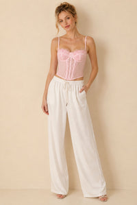 Pink Lace Corset Top With Sheer Mesh Panels