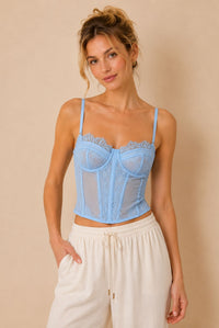 Powder Blue Lace Corset Top With Sheer Mesh Panels