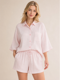 Pink Textured Linen Look Elasticated Waist Shorts Co-Ord