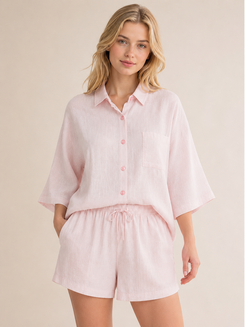 Pink Textured Linen Look Elasticated Waist Shorts Co-Ord