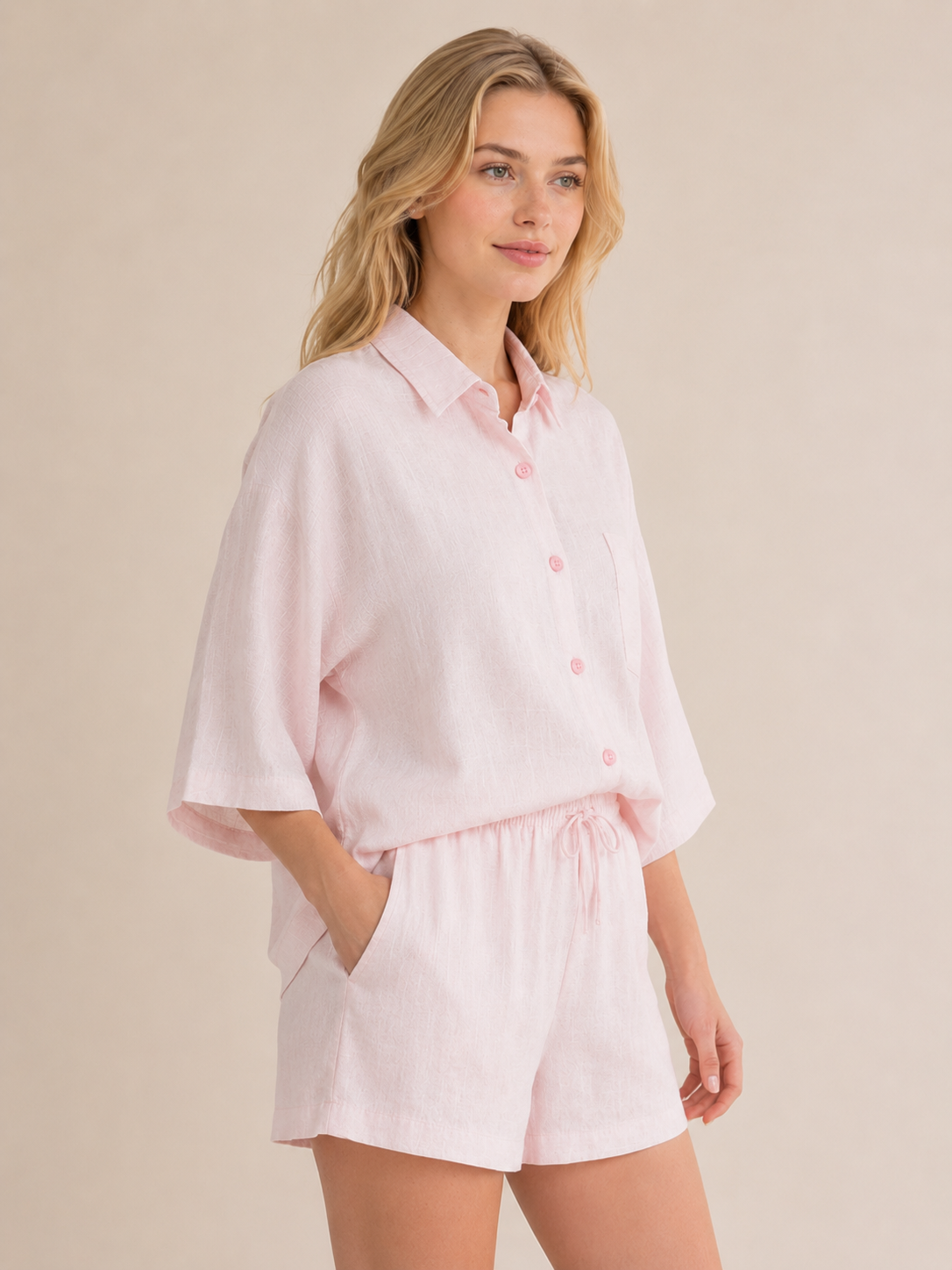 Pink Textured Linen Look Elasticated Waist Shorts Co-Ord