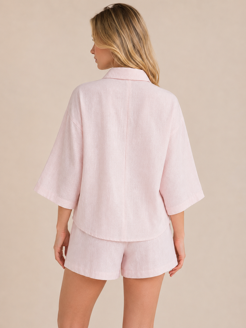 Pink Textured Linen Look Elasticated Waist Shorts Co-Ord