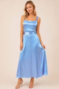 Powder Blue Satin Square Neck Belted Maxi Dress