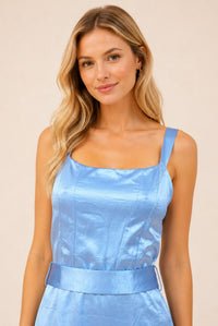 Powder Blue Satin Square Neck Belted Maxi Dress