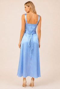 Powder Blue Satin Square Neck Belted Maxi Dress