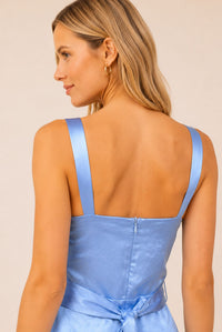 Powder Blue Satin Square Neck Belted Maxi Dress