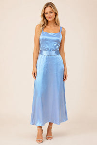 Powder Blue Satin Square Neck Belted Maxi Dress