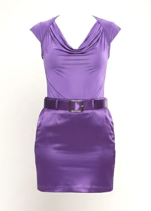 Purple Cowl Neck Satin Short Sleeve Belted Mini Dress