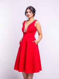 Red Embellished Deep V Flare Dress – Luxe Midi Edition