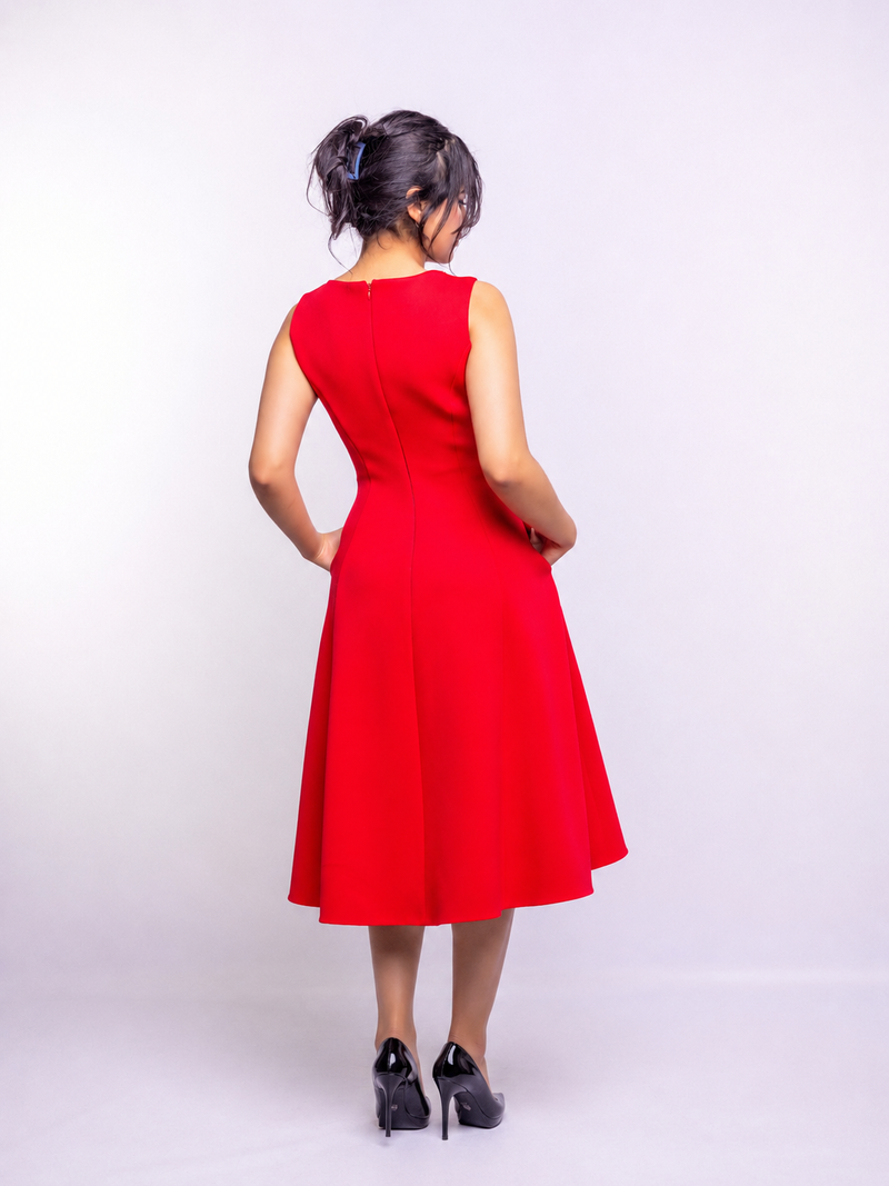 Red Embellished Deep V Flare Dress – Luxe Midi Edition