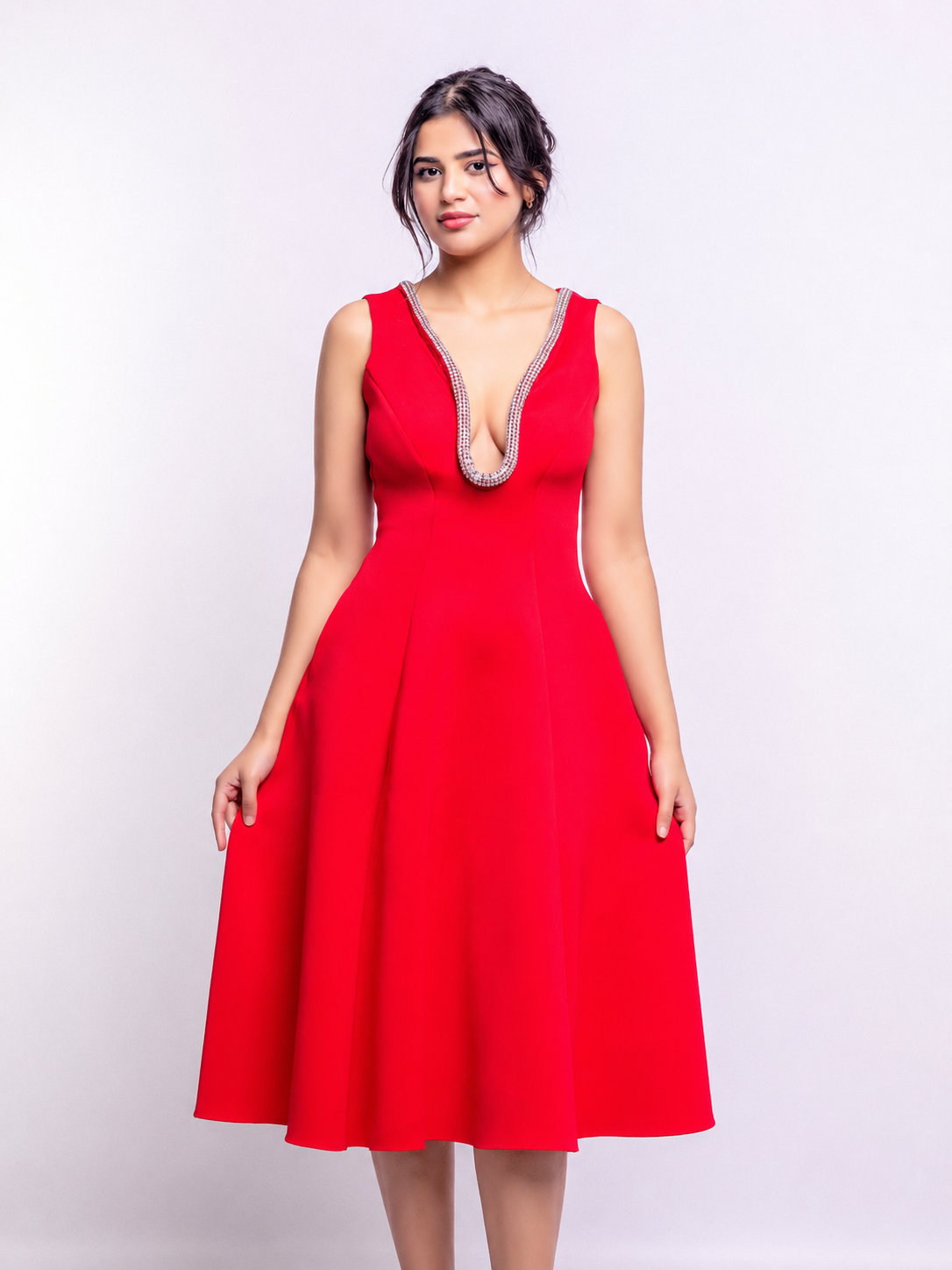 Red Embellished Deep V Flare Dress – Luxe Midi Edition