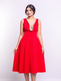 Red Embellished Deep V Flare Dress – Luxe Midi Edition