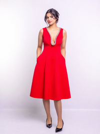 Red Embellished Deep V Flare Dress – Luxe Midi Edition
