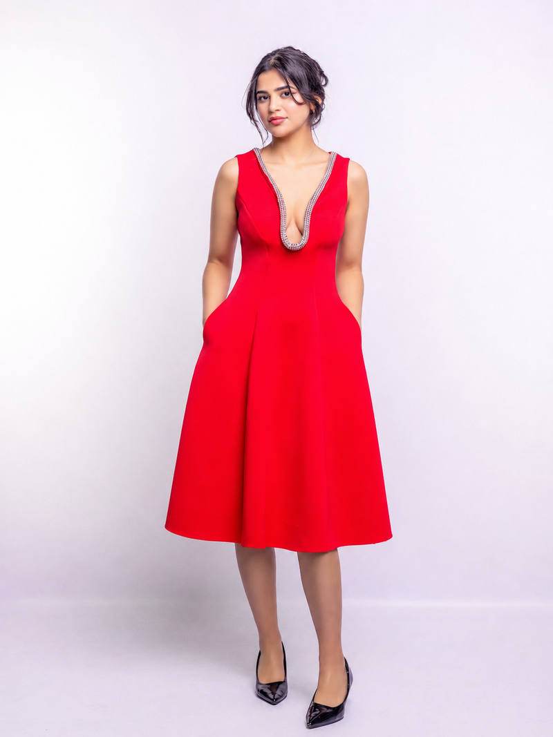 Red Embellished Deep V Flare Dress – Luxe Midi Edition