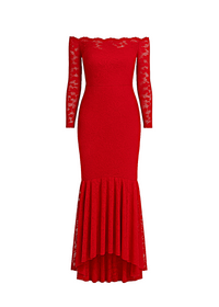 Red Floral Bodycon Lace Off-Shoulder Maxi Dress