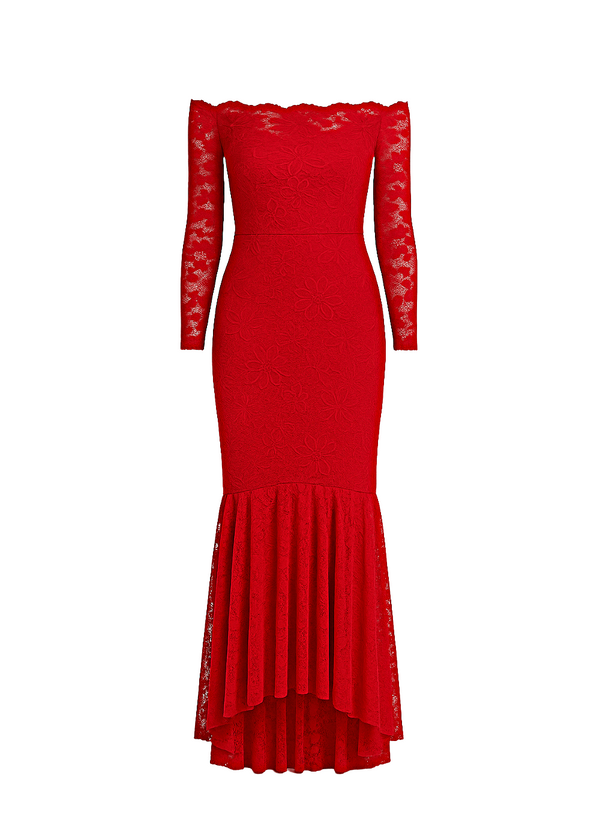 Red Floral Bodycon Lace Off-Shoulder Maxi Dress