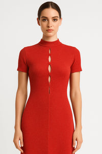 Red Keyhole Detailed Sparkly Slim Fit High Neckline Maxi Dress