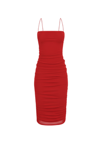 Red Mesh Bodycon Side Drawstring Detail Midi Dress