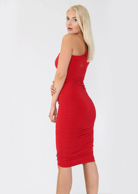 Red Ruched Detailing One Shoulder Bodycon Midi Dress