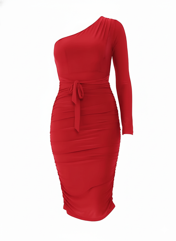 Red Ruched Detailing One Shoulder Bodycon Midi Dress
