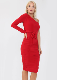 Red Ruched Detailing One Shoulder Bodycon Midi Dress
