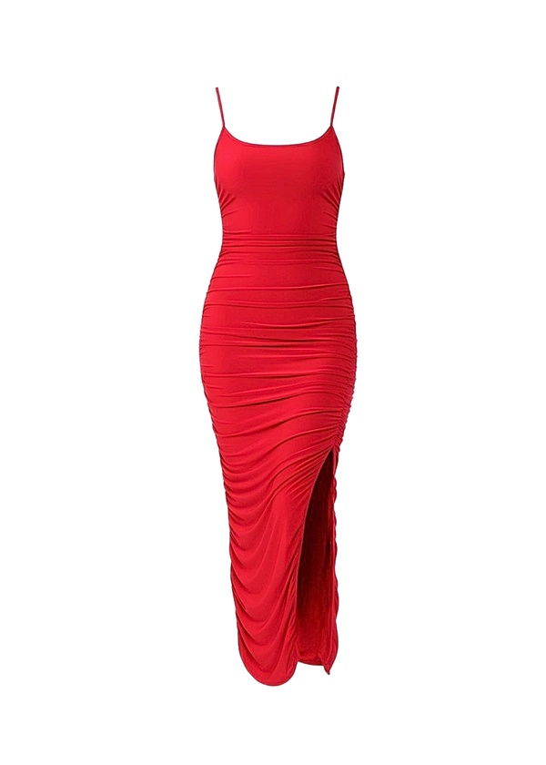 Red Ruched Slinky Maxi Dress With Side Split