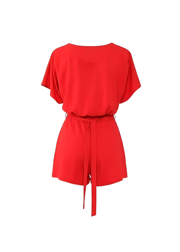 Red Short Sleeve Tie Waist Playsuit with Belted Detail