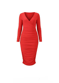 Red Slinky Long Sleeve Ruched Wrap Midi Dress