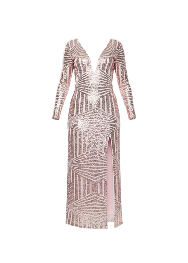 Rose Gold Glitter Sequin Maxi Dress With Long Sleeves And Front Split
