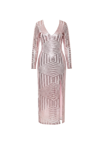 Rose Gold Glitter Sequin Maxi Dress With Long Sleeves And Front Split