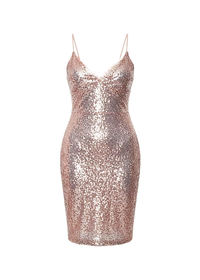 Rose Gold Sequin Strappy Midi Dress with V-Neckline