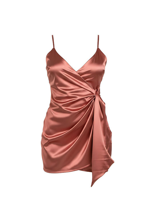 Rose Satin Wrap Spaghetti Strap Ruched Waist Mini Dress