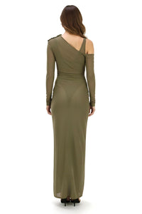 Olive Green Ruched One Shoulder High Slit Maxi Dress