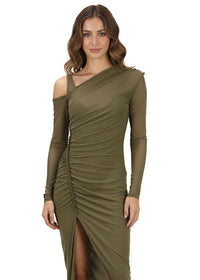 Olive Green Ruched One Shoulder High Slit Maxi Dress