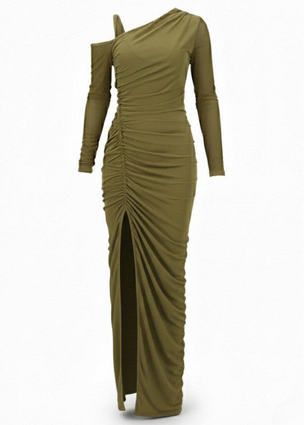 Olive Green Ruched One Shoulder High Slit Maxi Dress
