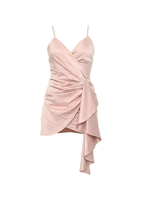 Rust Satin Wrap Spaghetti Strap Ruched Waist Mini Dress