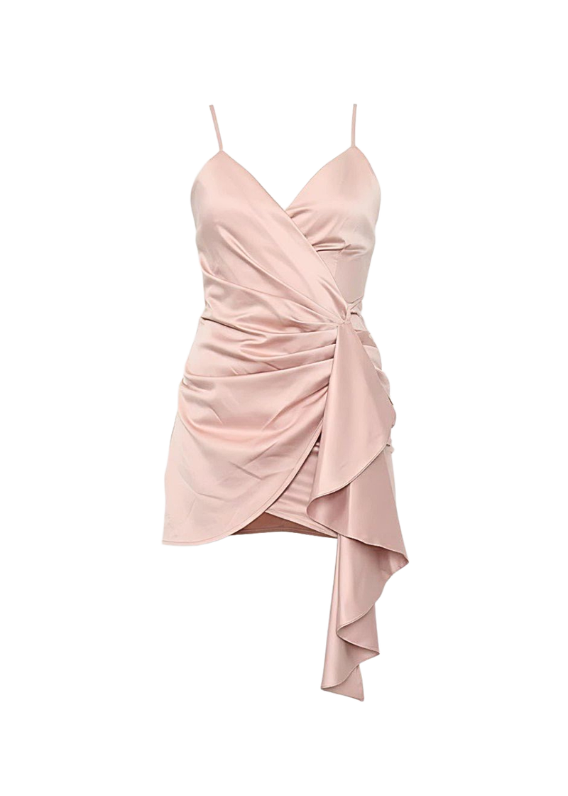 Rust Satin Wrap Spaghetti Strap Ruched Waist Mini Dress