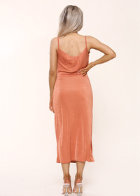 Rust Slinky Cowl Neck Midi Slip Dress With Side Slit