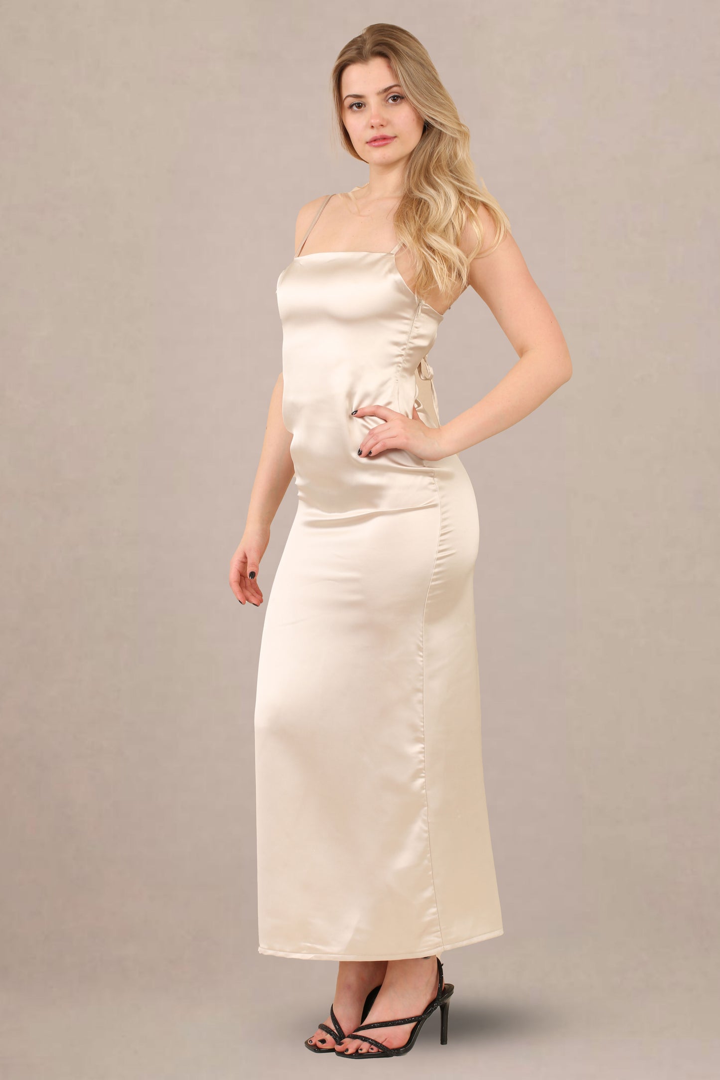 Avinci Beige Silky Satin Midi Dress