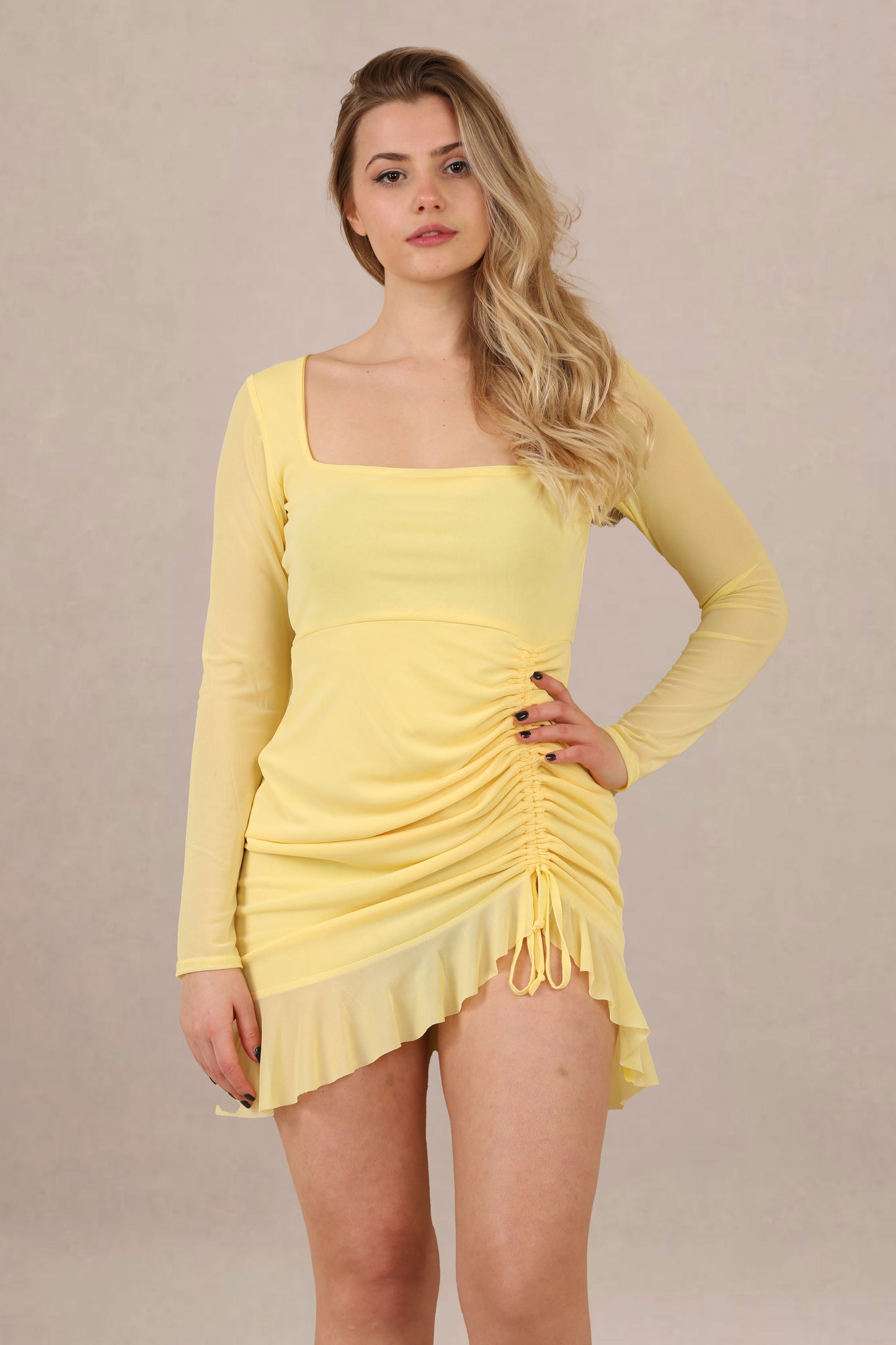 Avinci Yellow Mesh Ruched Mini Dress with Frill Hem