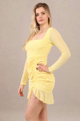 Avinci Yellow Mesh Ruched Mini Dress with Frill Hem - Mini Dress - Avinci