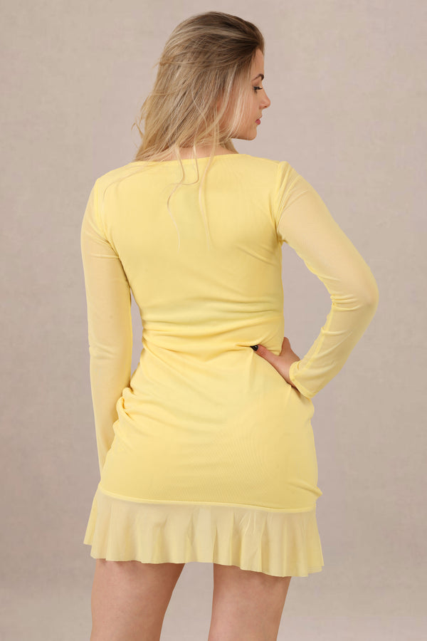 Avinci Yellow Mesh Ruched Mini Dress with Frill Hem