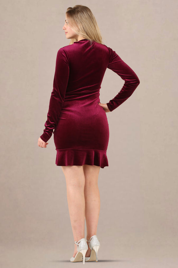 Avinci Burgundy Velvet Ruched Mini Dress with Frilled Hem